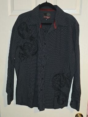 Point Zero Black Pinstripe Button-Down Shirt with Embroidered Swirl